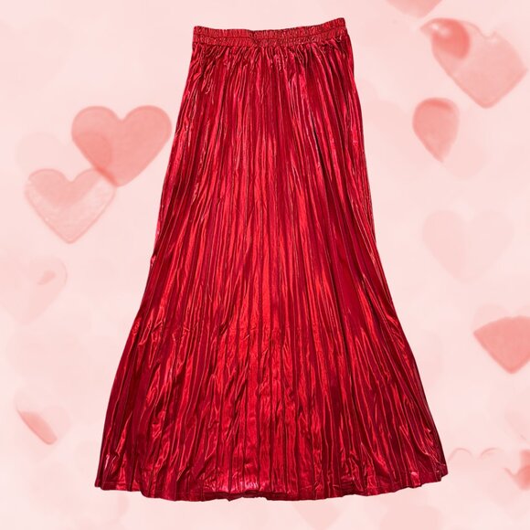 Metallic Pleated Midi Skirt in Red Hot - Picture 5 of 8
